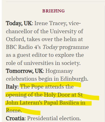 text stating that the Pope will attend the opening of The Holy Door at a Basilica in Rome. 