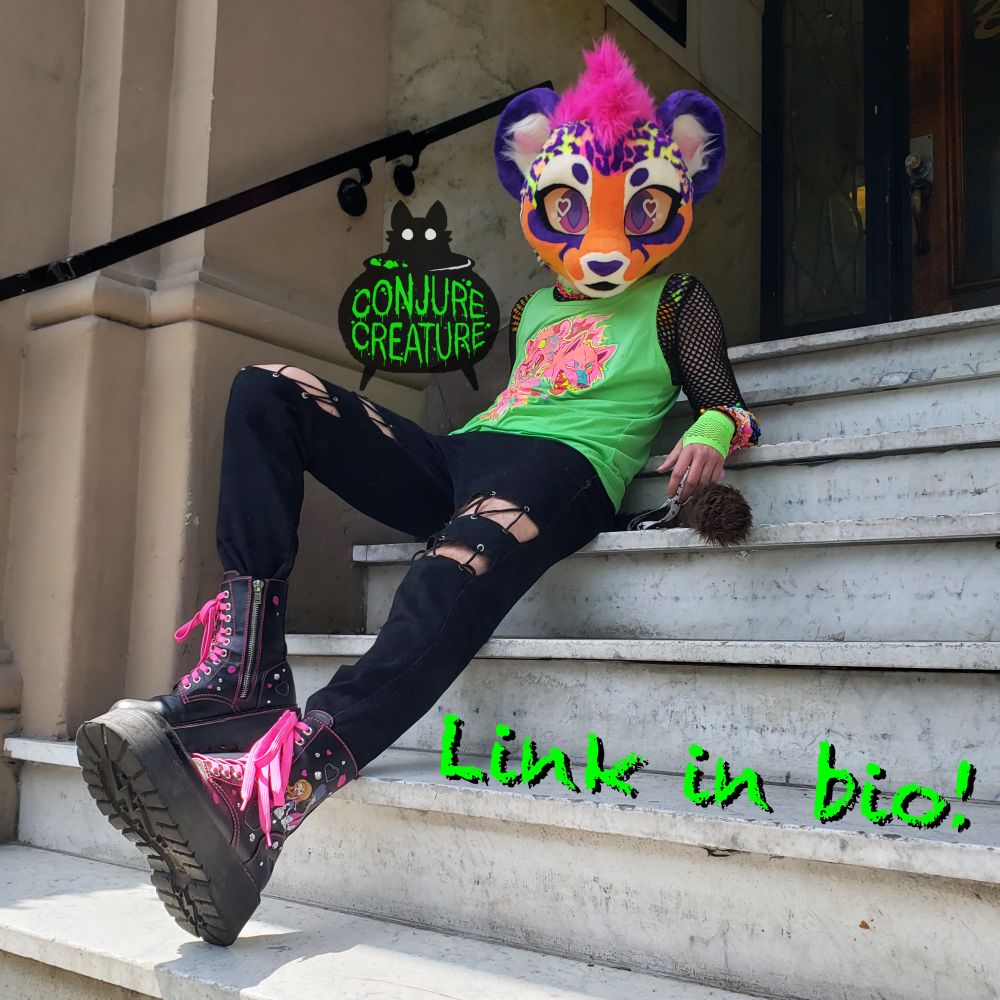 a super cool badass looking rainbow cheetah guy person casually lounging on some stairs and looking down at you like "you want to spend $7500 on me" 