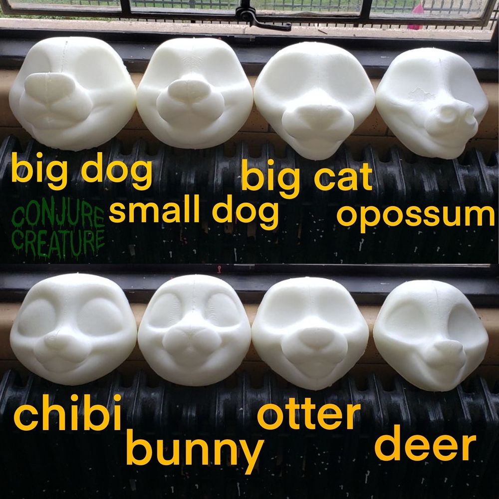 8 fursuit head bases are displayed before you in two rows of four, the top row is labeled, left to right, "big dog, small dog, big cat, possum" and the bottom row is labeled "chibi, bunny, otter, deer"
