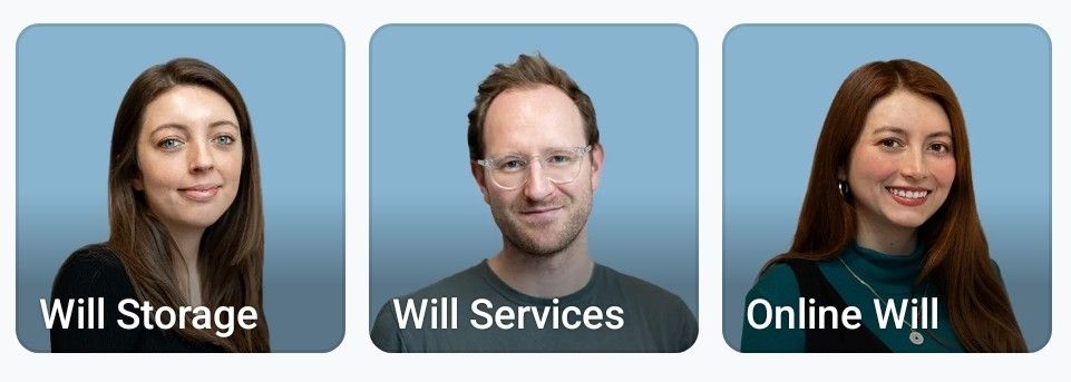 Three stock photos of (white obvs) people advertising Will Storage, Will Services and Online Wills for a solicitor