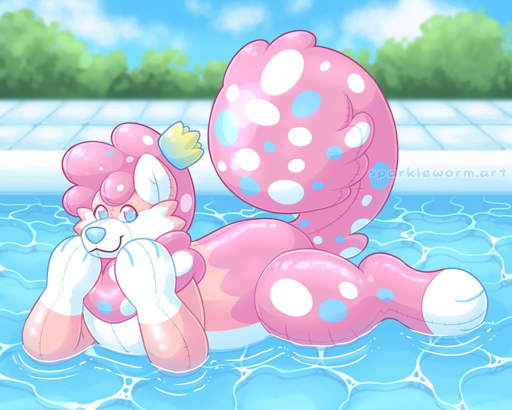 Digital drawing of an inflatable anthro dog chilling and floating in a pool.