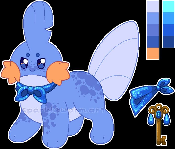 A digitally drawn reference sheet of a speckled Mudkip with a shiny blue bandanna and a fancy key.