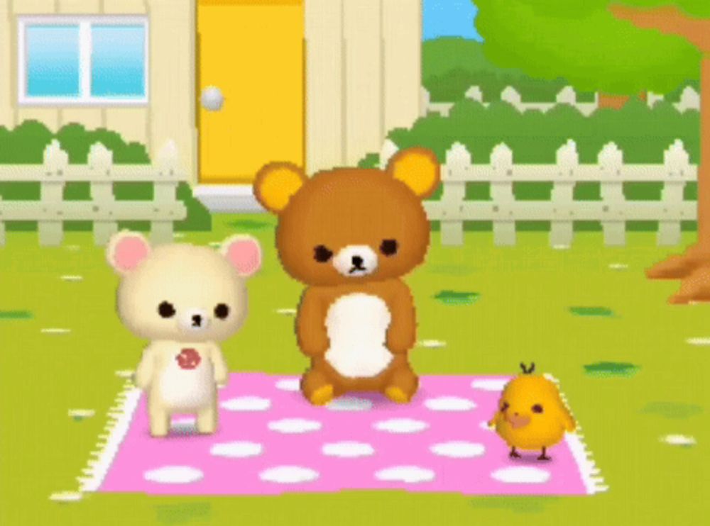 two teddy bears and a chick are standing on a pink and white polka dot rug