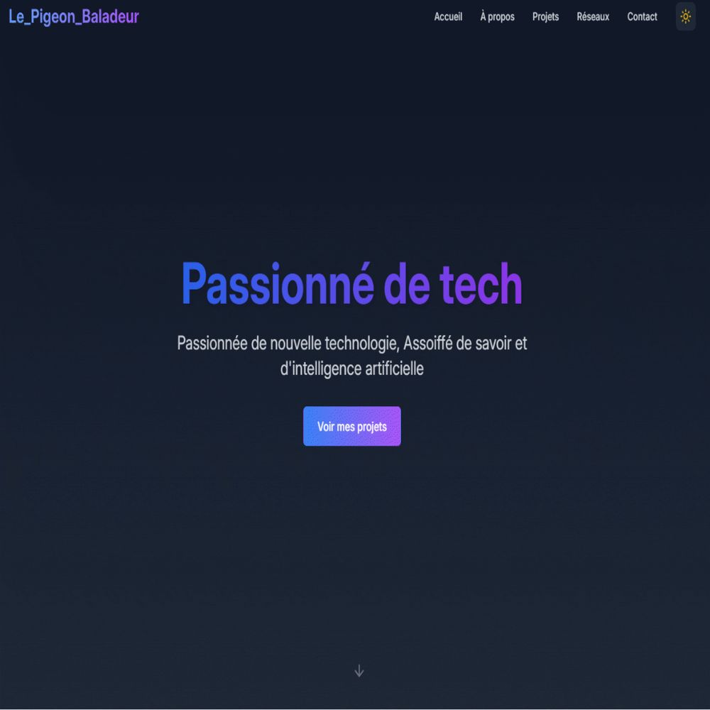 Page d'accueil d'un site web intitulé 'Le Pigeon Baladeur' avec le slogan 'Passionné de tech'. La page présente une interface sombre avec un texte en violet et bleu clair. Sous le slogan, il est écrit : 'Passionnée de nouvelle technologie, Assoiffé de savoir et d'intelligence artificielle'. Un bouton bleu clair au centre de l'écran indique 'Voir mes projets'. En haut de la page, il y a des liens de navigation : Accueil, À propos, Projets, Réseaux, Contact.