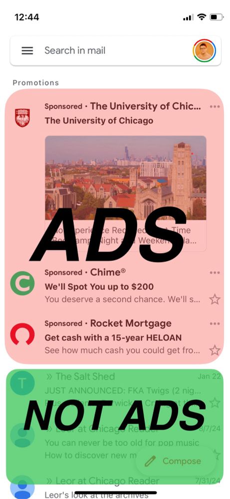 2/3rds of the space in the UI in Gmail is ads 