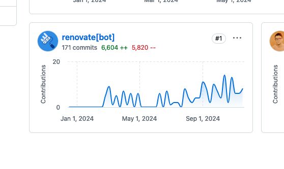 screenshot from github showing that renovate (a bot) has made 171 commits to one of my repositories, making it the #1 contributor to the project.
