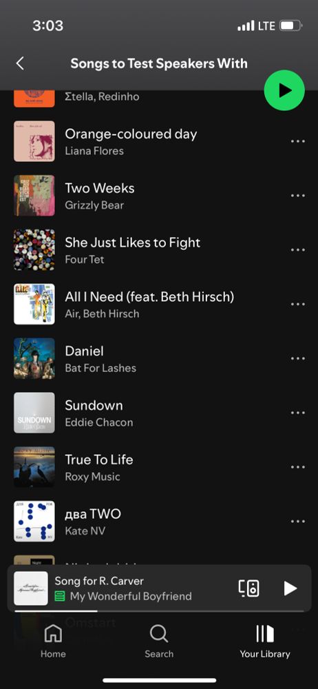 a screenshot of a spotify playlist for treating speakers. grizzly bear’s two weeks is on it. 