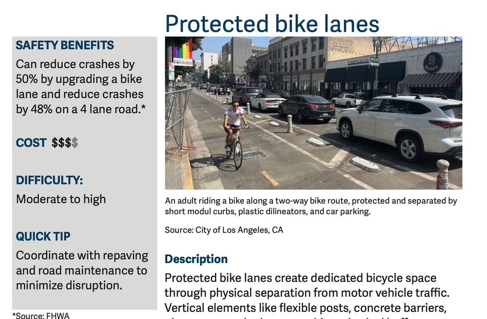 A screenshot that is titled "Protected bike lanes" with a photo of a person riding a bike separated from cars by raised curbs and pylons in an urban environment. 