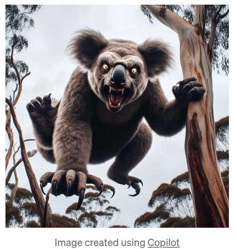 An AI generated image confection showing an enraged koaliform arboreal mammal with fangs and claws leaping from a gum tree with blazing eyes. Image courtesy https://medium.com/did-you-know-short-fun-facts/did-you-know-short-fun-facts-6b5e4ffb6b86 