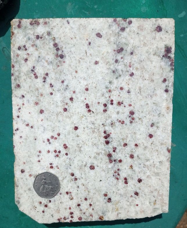 A sample of 'marble' from a monumental mason's yard, UK, showing white plagioclase and frequent quartz crystals sorted with pink garnets.