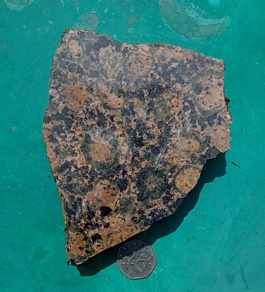 A sample of granite 'marble' from a monumental mason's yard, UK, showing rapakivi texture, with blocky-looking feldspar crystals surrounded by dark rims of smoky quartz and frequent amphibole crystals.