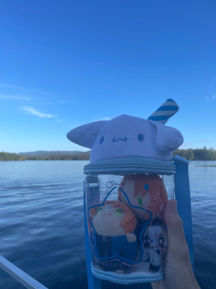 A pale hand holds the Cinnaroll pouch that contains Leo mochi and nui.