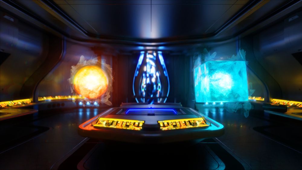 A glowing orange sphere facing down a glowing blue cube in the engineering room of a federation Starship. There bout to be some energy-based drama!
