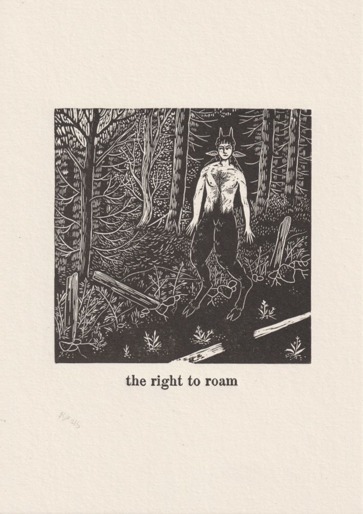 A wood engraving of a faun or satyr walking along a cracked and overgrown road with trees in the background, printed on white paper in black ink with a letterpress printed caption: the right to roam