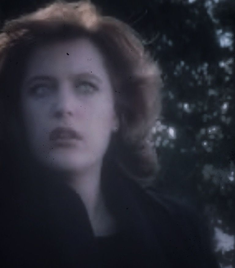 Dana Scully looking off in the distance, troubled, in a dreamy nighttime snow setting. She is wearing a black trenchcoat. (And probably should also have a hat and scarf, but I couldn’t find an early seasons image like that.)