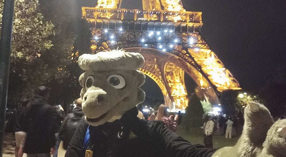 Quarks Lepton, the dragon scientist (fursuit) posing in front of a twinkly light Eiffel Tower at night.
The highlights are blown. 