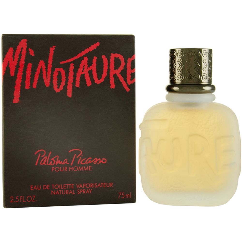 A product shot of the Paloma Picasso Eau de Toilette ‘Minotaure’. A black box with red writing, a frosted glass bottle containing some pale yellow liquid that is not tramp’s piss.