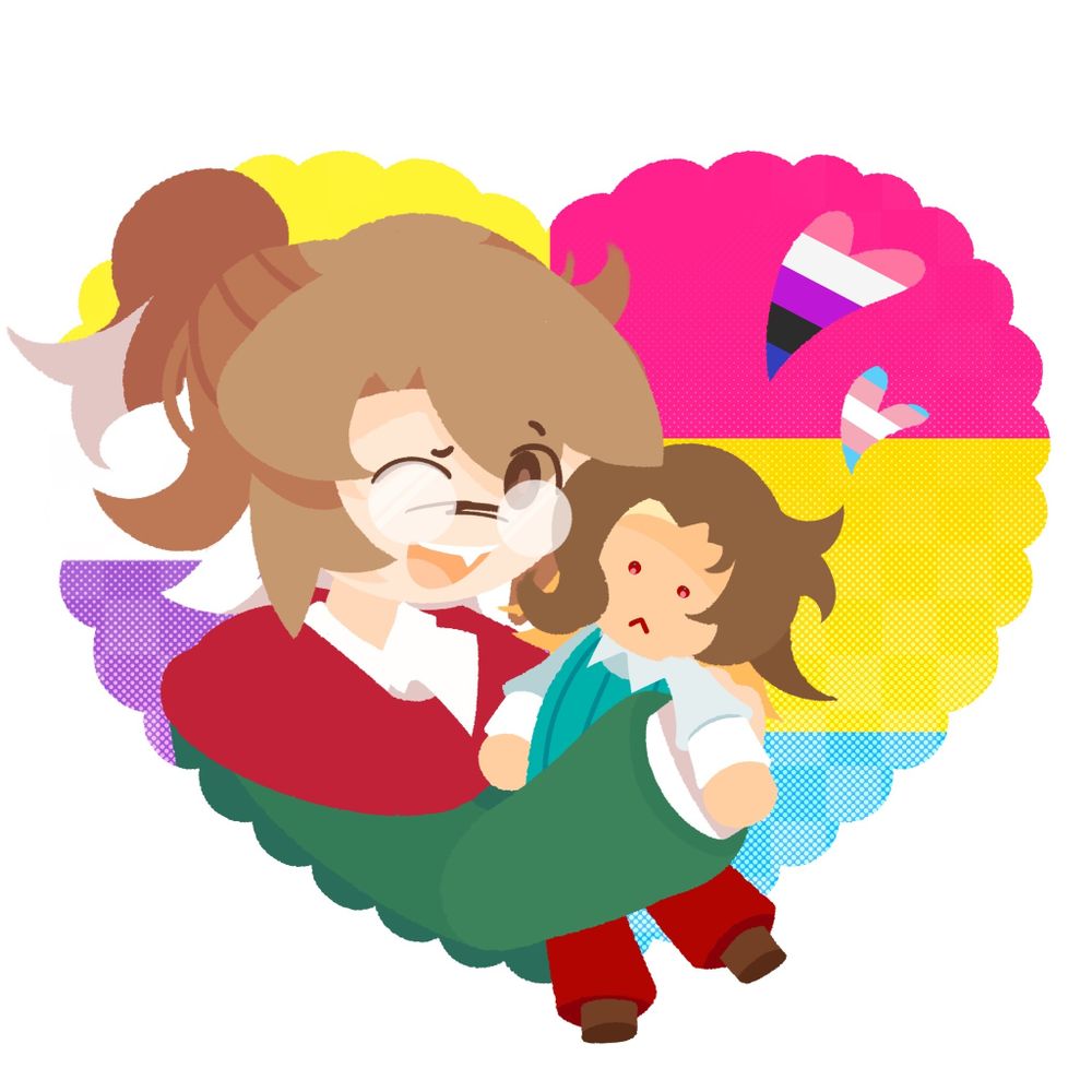 A light brown and white haired person holding a plush of a brown and yellow hair individual with a nonbinary, pansexual flag heart as the background with two hearts colored as the genderfluid and trans flags.