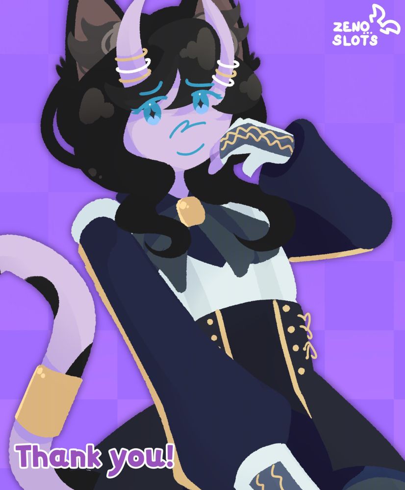 Text: Thank you!
A half body of a character with a purple background.