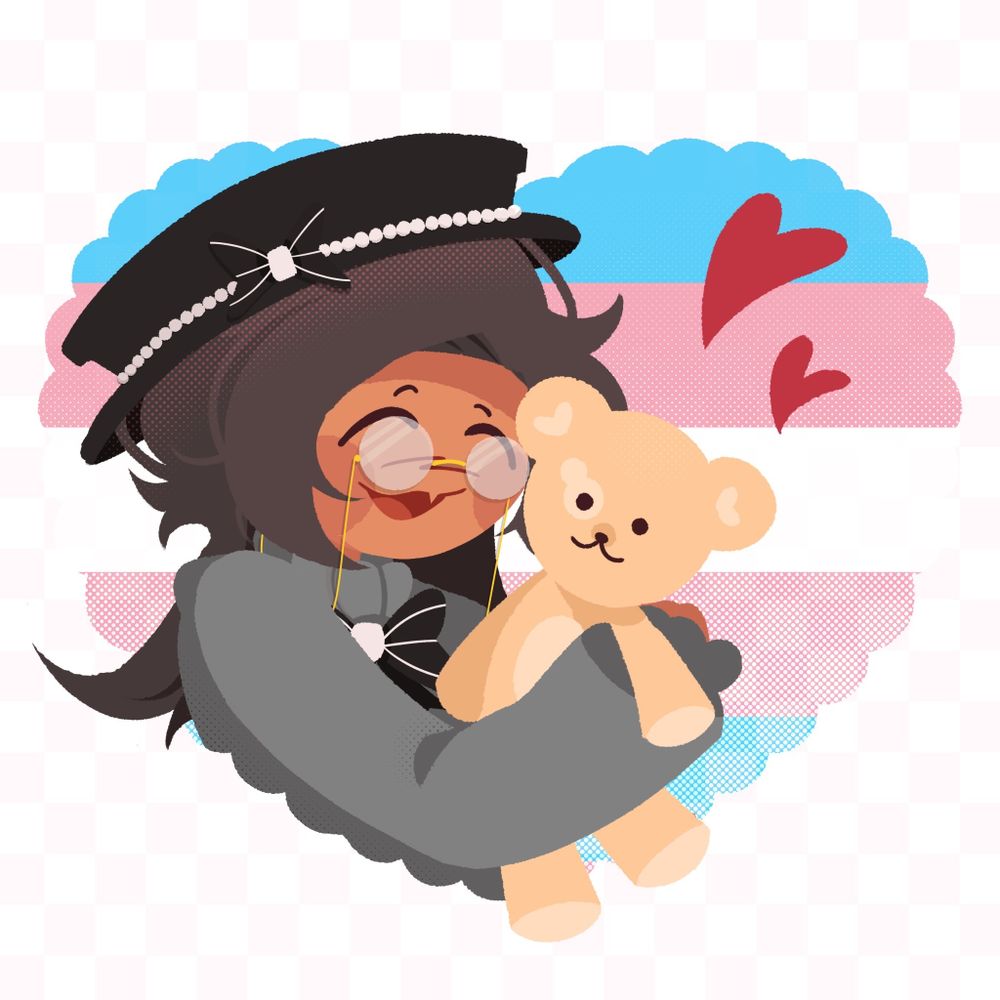 A black haired person holding a plush of a beige teddy bear with a trans flag heart as the background.