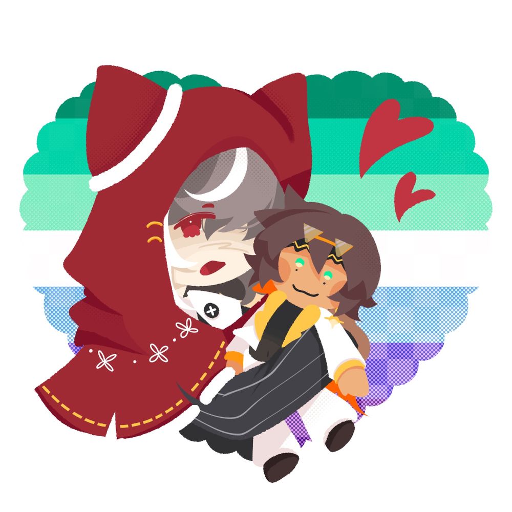 A brown and white haired person holding a plush of a brown and orange hair white suited individual with a gay flag heart as the background.