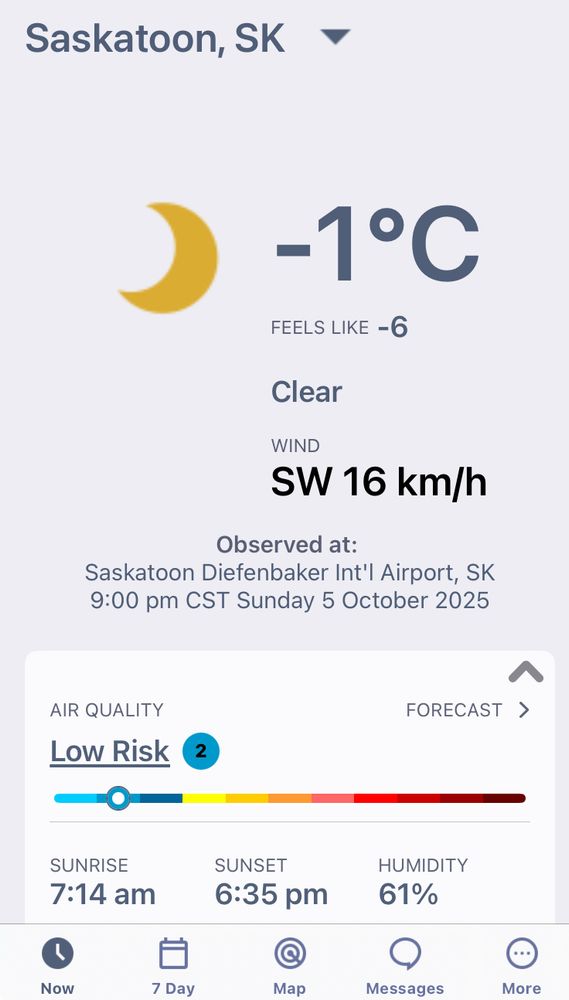 Screenshot of weather for Saskatoon. It’s currently-1C 