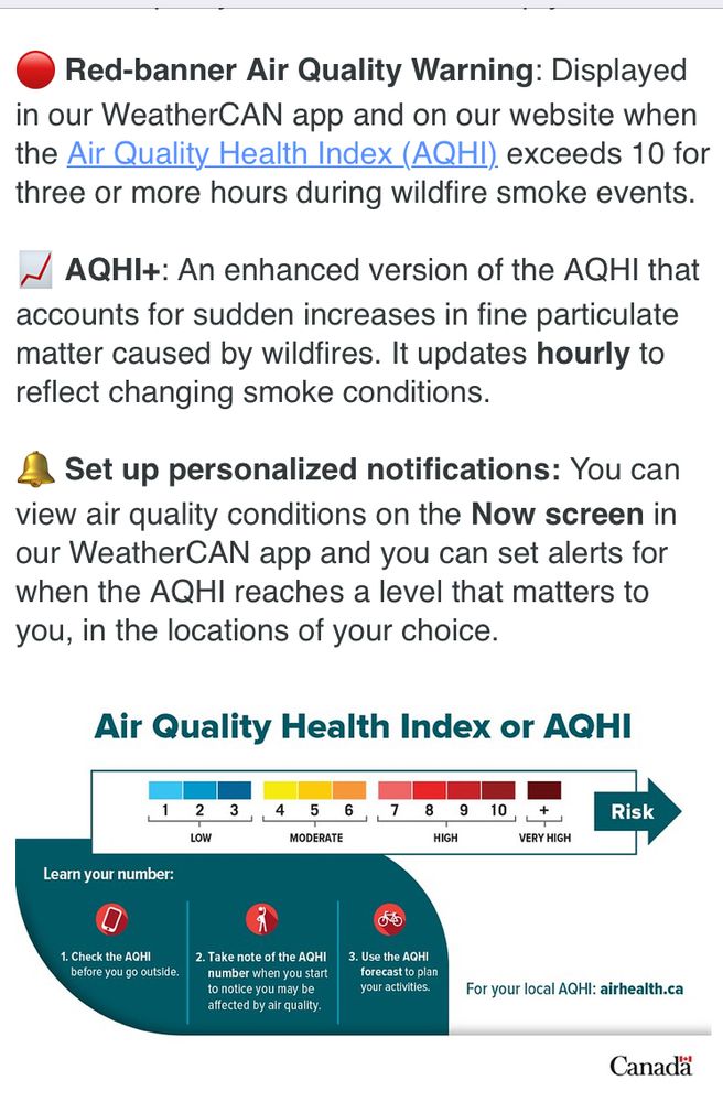 Instructions on how to enable AQHI notifications in the Environment Canada weather app 