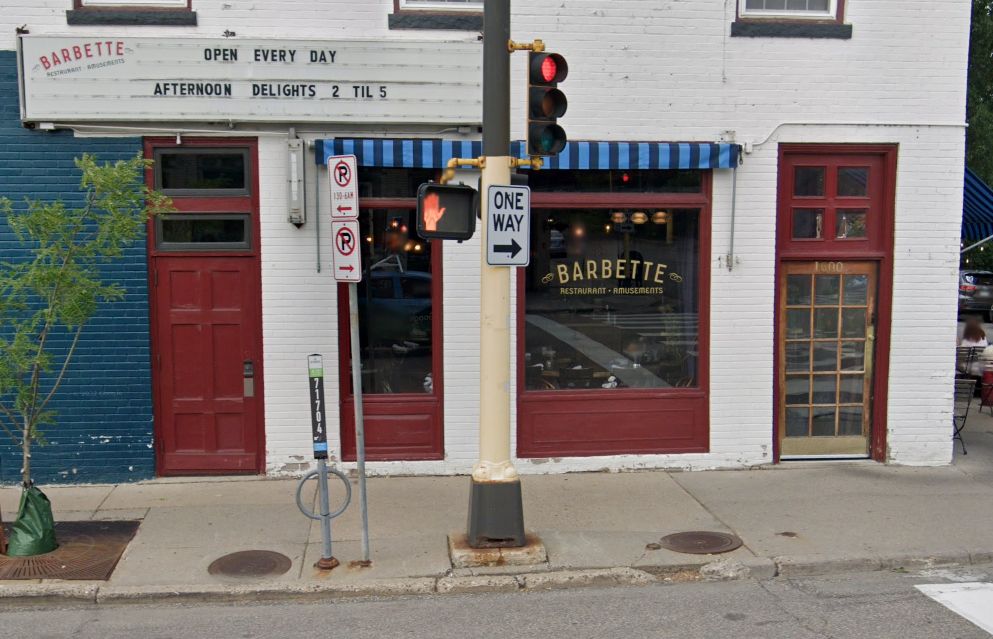 Google Street View photo of Barbette restaurant in Uptown Minneapolis, with parking space #71704 clearly visible in front