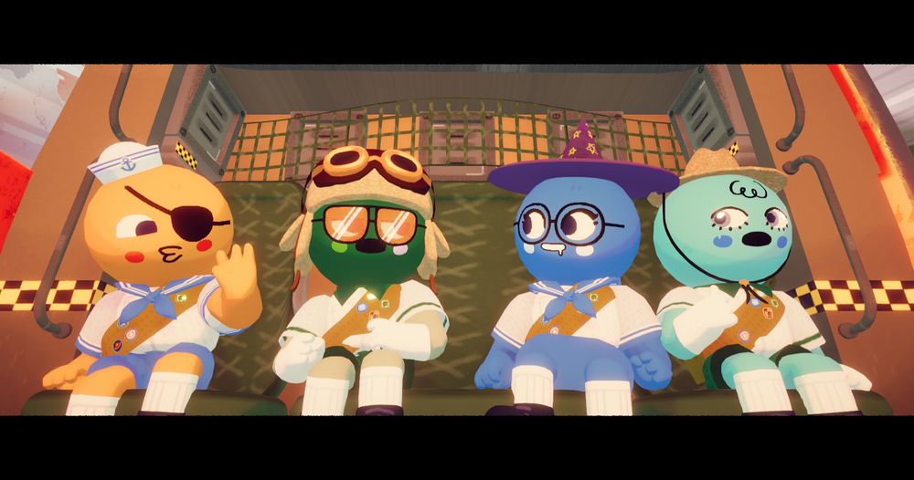 An image of 4 scouts escaping the PEAK island on the helicopter. One is orange (corgibuh), green and wearing an aviator hat (rosey), blue and wearing a witch hat (mystery) and cyan and wearing a scouting hat (kai)