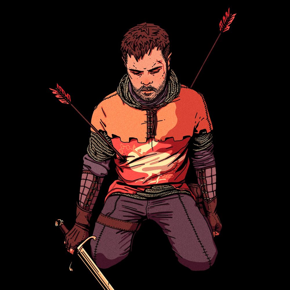 A two tone cartoon style illustration. A self-portrait of the artist as a battle-worn knight. He is on his knees, a sword held loosely in his right hand. An arrow protrudes from just under his right breast. Another arrow sticks out from his left shoulder.