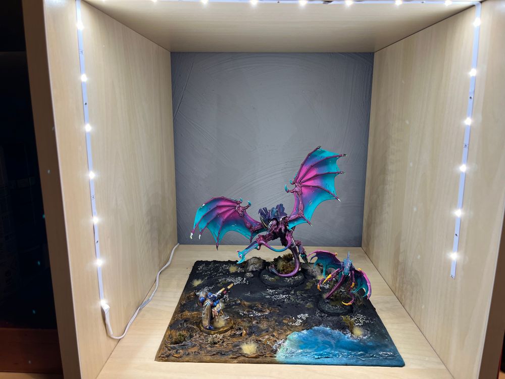 Diorama dans sa case : un brave Ultramarine Eliminator braque son arme sur deux tyranides, un Tyran des Ruches ailé et un Parasite de Mortrex, dans un paysage de lac et de terre noire.