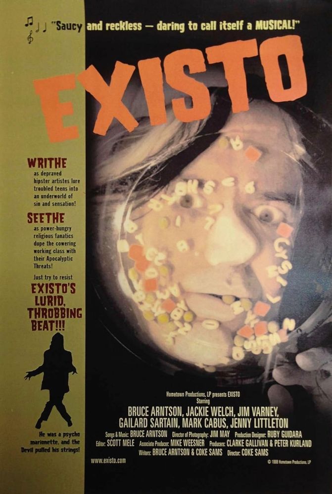 The poster for 1999's EXISTO, featuring the face of the titular character (played by Bruce Arnston) smooshed against the bottom of a bowl of alphabet soup. 