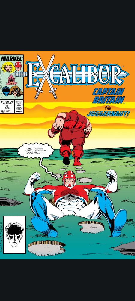 Picture of a comic book cover for Excalibur #3 where juggernaut has stomped over captain Britain 
