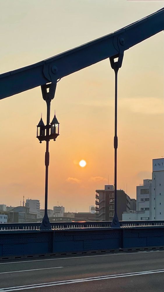 橋から見た朝日。