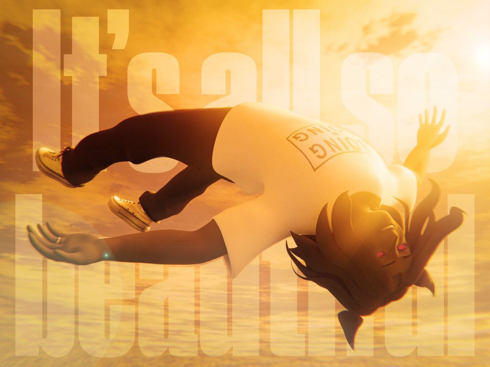 Krista flying in the golden sky, inspired by the gojo careless floating pose. The text behind him says: "It's all so beautiful". #OC #Sona #3d #blender3d #Render