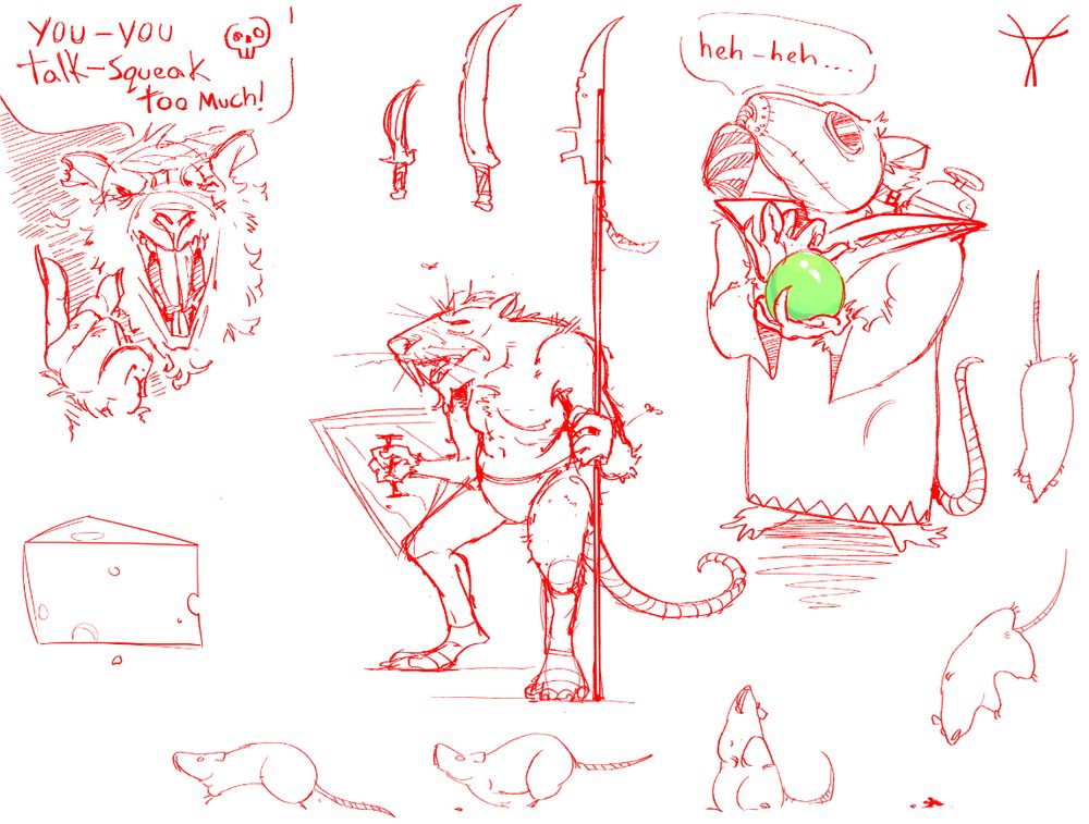 one-eyed rat angrily pointing and saying "you-you talk-squeak too much". another in a gas mask holding a poison orb saying "heh-heh". centered is a full-body drawing of a skaven holding a shield and spear. various normal rats scatter the page.