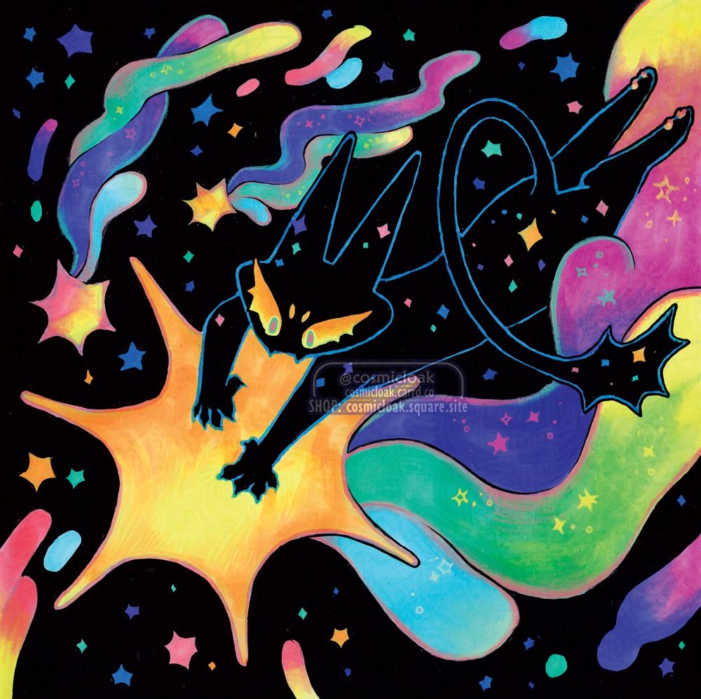 black cat (midnight familiar ) with stars in its fur sinking its little fangs and claws into a shooting yellow star, rainbow tail trailing behind. Other rainbow shooting stars falling in the night sky background.