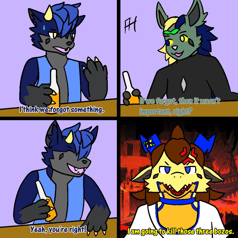A parody of a scene from Two and a Half Men, where Lunar and Earthly Eclipse dismiss the idea they forgot something, all the while their Solar half is stuck in Asphodel, currently plotting to inflict grievous harm on them all for forgetting him for five months.