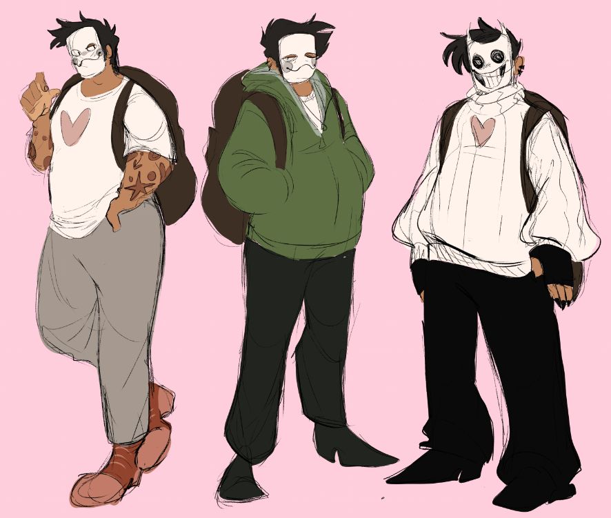 Three figures of the merchant, Zacharie from the game OFF, in different outfits. 