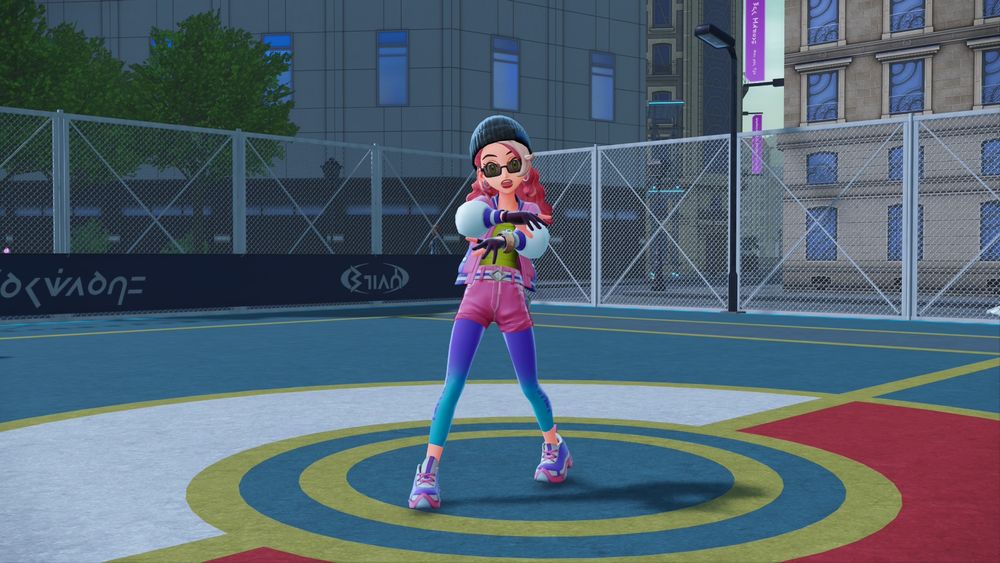 Crystal's player character in Pokémon Legends: Z-A. She has long wavy pink hair with a white streak and is wearing a beanie, sunglasses, a puffy pink/white jacket, yellow top, small pink shorts, purple/blue tights  and colourful trainers.