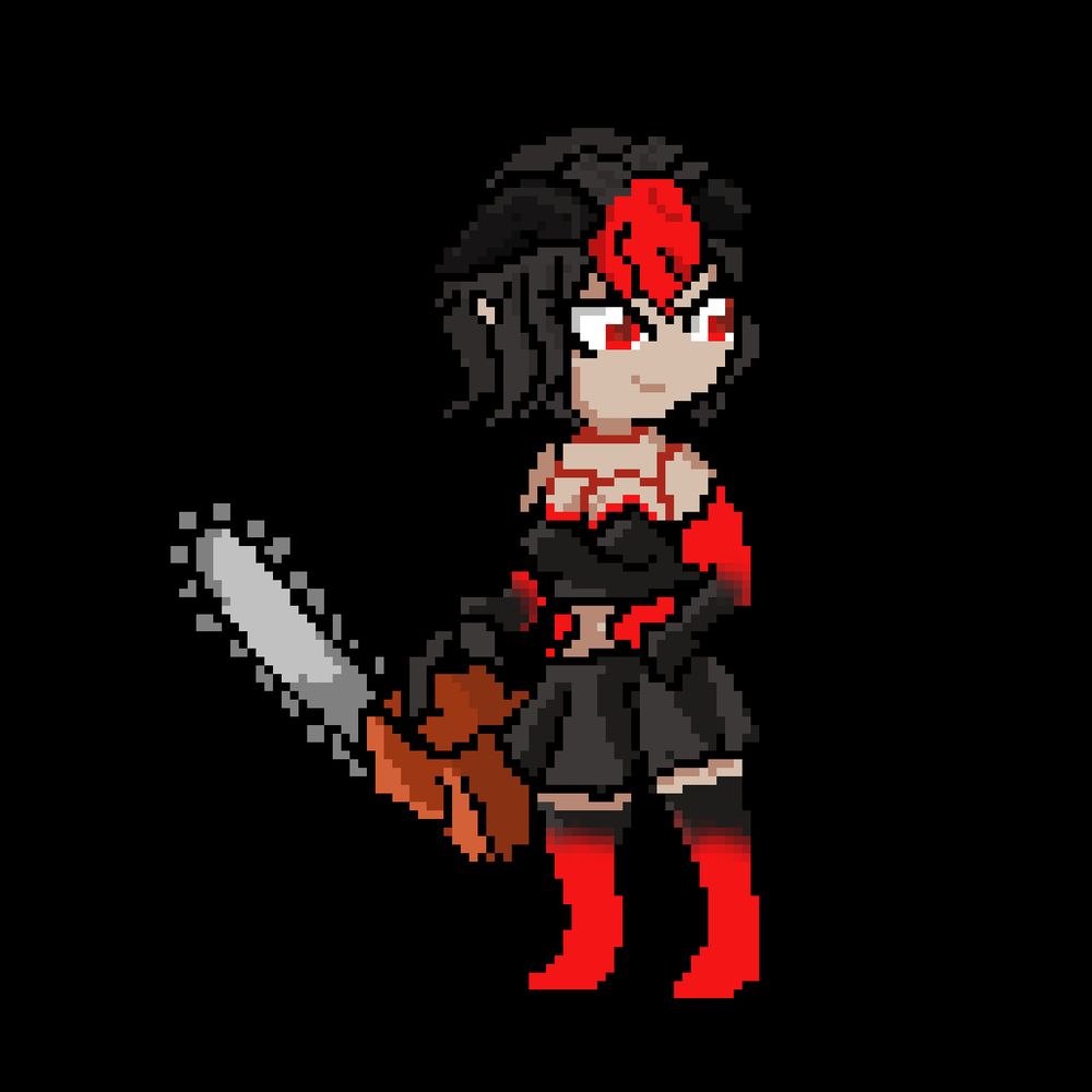 A girl in blacks and reds, holding a running chainsaw, bouncing in an idle animation typical of pixel art