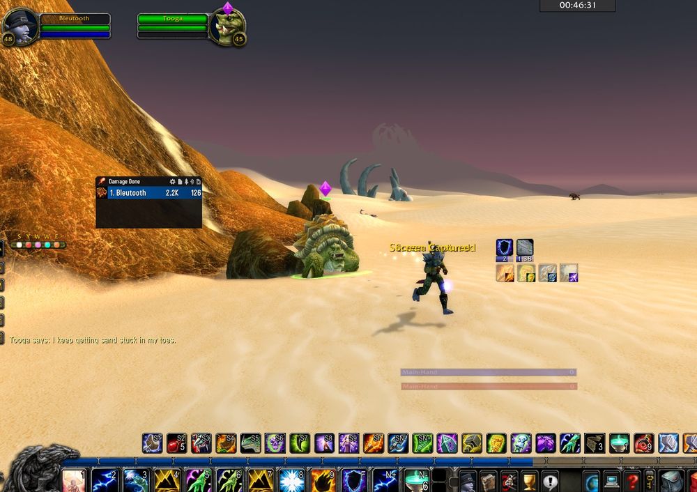 A troll shaman running through Tanaris followed by the Turtle Escort Quest-Giver, Tooga.