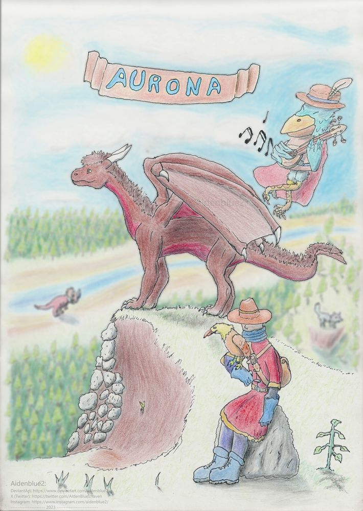 A big dragon in a climb with a trainer clossely, she the dragon calls Aurona as the big tittle day on the top and some momsters on the distance far, a riber, some forests. And a big bird playing some music s dressed big bird. ^^