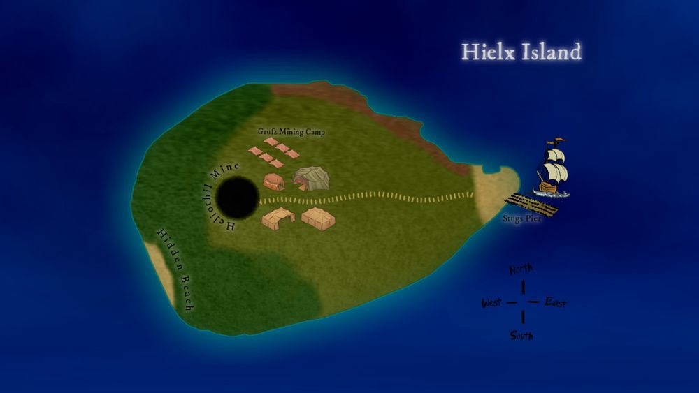 Map of Hielx island. It is a small, teardrop shaped island with very little on it. The island features only a mine, a pier, and a hidden beach.