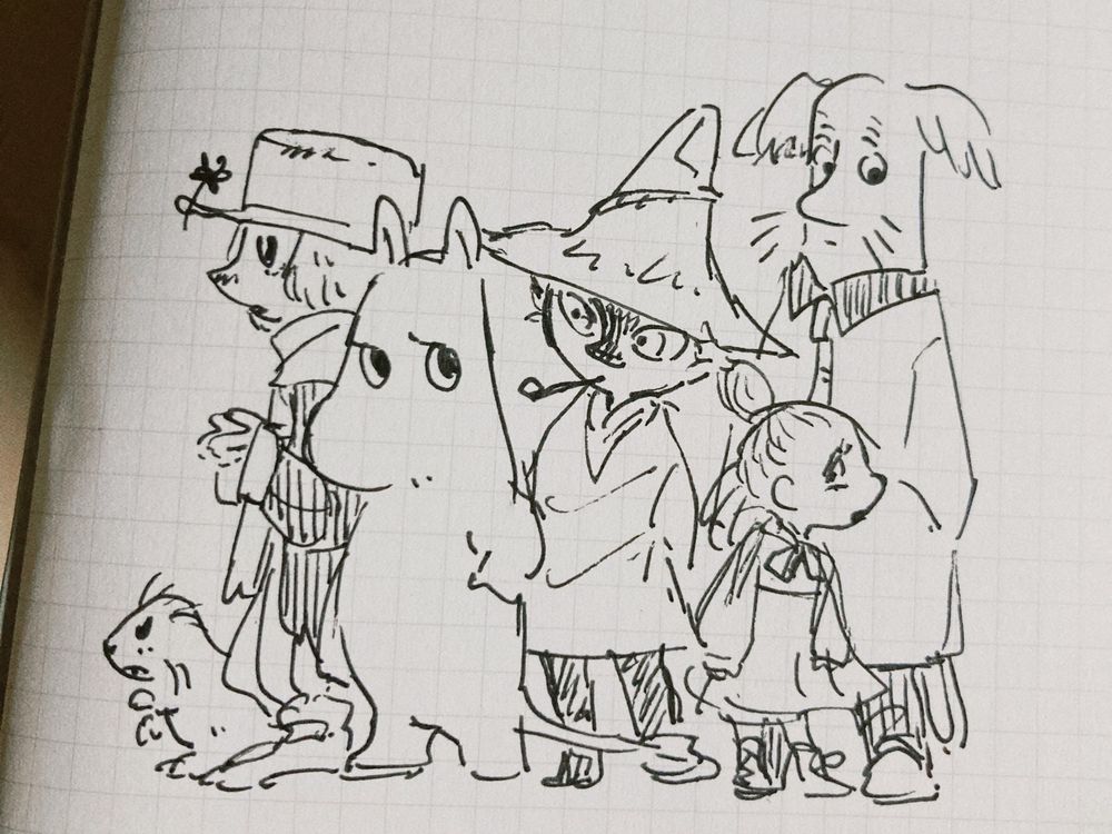 アナログ線画イラスト。ムーミンシリーズのキャラクター、ムーミンパパ、フレドリクソン、ロッドユール、ヨクサル、ニブリング、ミムラねえさん。