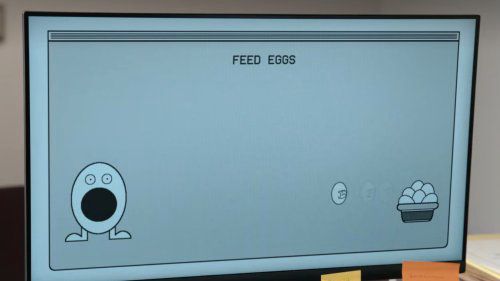 Picture from the Nude Egg sketch from the Netflix show “I Think You Should Leave.” In this picture you see the screen of Tim Robinson’s computer. Hs not working, he’s playing an old flash-style game called “Feed Eggs.”