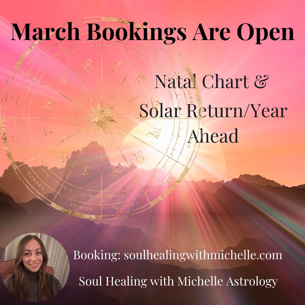 Red and pink sunrise background with text reading March books are open. Small image of Michelle’s face in the bottom left corner with website details. 