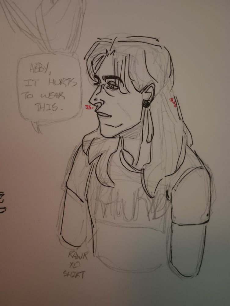 Kate wearing one of Abby's shirts that says "RAWR XD" and she is telling Abby "Abby, it hurts to wear this."