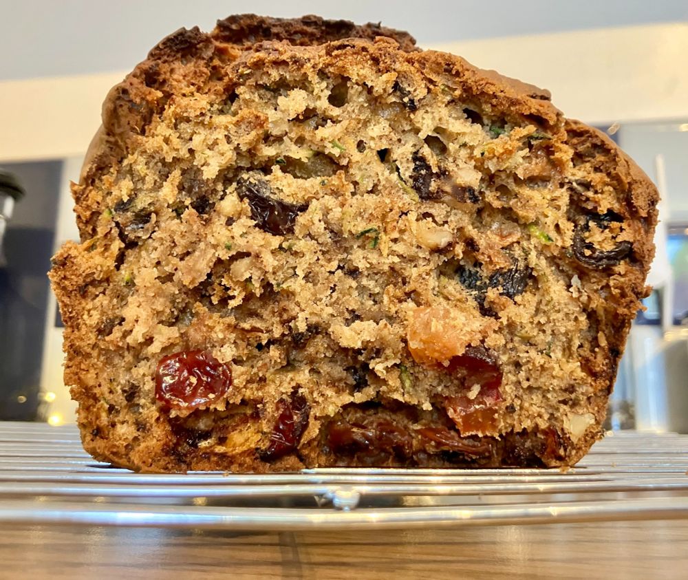 close-up of courgette, walnut, and fruit loaf cake. Awesome warm with butter