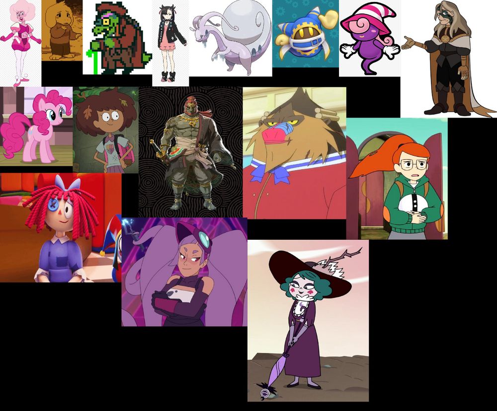 picture of my favourite chracters from a bunch of media i like. they're pink diamond from steven universe, asriel from undertale, gerson from deltarune, marnie from pokemon, hisuian goodra from pokemon, magolor from kirby, vivian from ttyd, emperor belos from the owl house, pinkiepie from my little pony, anne boonchuy from amphpbia, ganondorf from the legend of zelda: tears of the kingdom, scarlemagne from kipo and the age of wonderbeasts, tulip from infinity train, ragatha from the amazing digital circus, entrapta from she-ra and the princess of power, and eclipsa from star vs the forces of evil